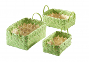 Regalkorb rechteckig aus Chipwood und Bast gr�n mit Kunstledergriffen S/3