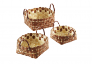 Regalkorb rund aus Chipwood Bast hellbraun mit Kunstledergriffen S/3