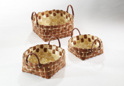 Regalkorb rund aus Chipwood Bast hellbraun mit Kunstledergriffen S/3
