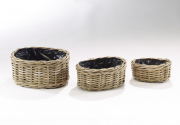 Pflanzk�rbchen Rattan oval kubu grey mit Folie ausgeschlagen S/3