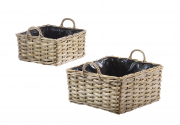 Pflanzkorb Rattan grey eckig mit Folie ausgeschlangen Griffe S/2