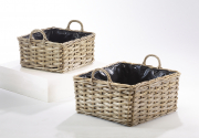 Pflanzkorb Rattan grey eckig mit Folie ausgeschlangen Griffe S/2