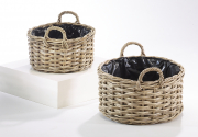 Pflanzkorb Rattan grey rund mit Folie ausgeschlangen und Griffen S/2