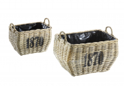 Pflanzkorb aus Rattan 1870 kubu grey eckig bauchig  mit Griffen und Folie ausgeschlagen S/2