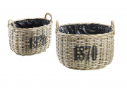 Pflanzkorb aus Rattan 1870 kubu grey oval mit Griffen und Folie ausgeschlagen S/2