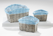 Pflanzgef�� eckig aus Weide grau und Polyrattan blau mit Folie ausgeschlagen S/3