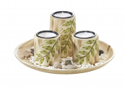 Dekoschale rund mit drei Kerzenhaltern und Blattdesign